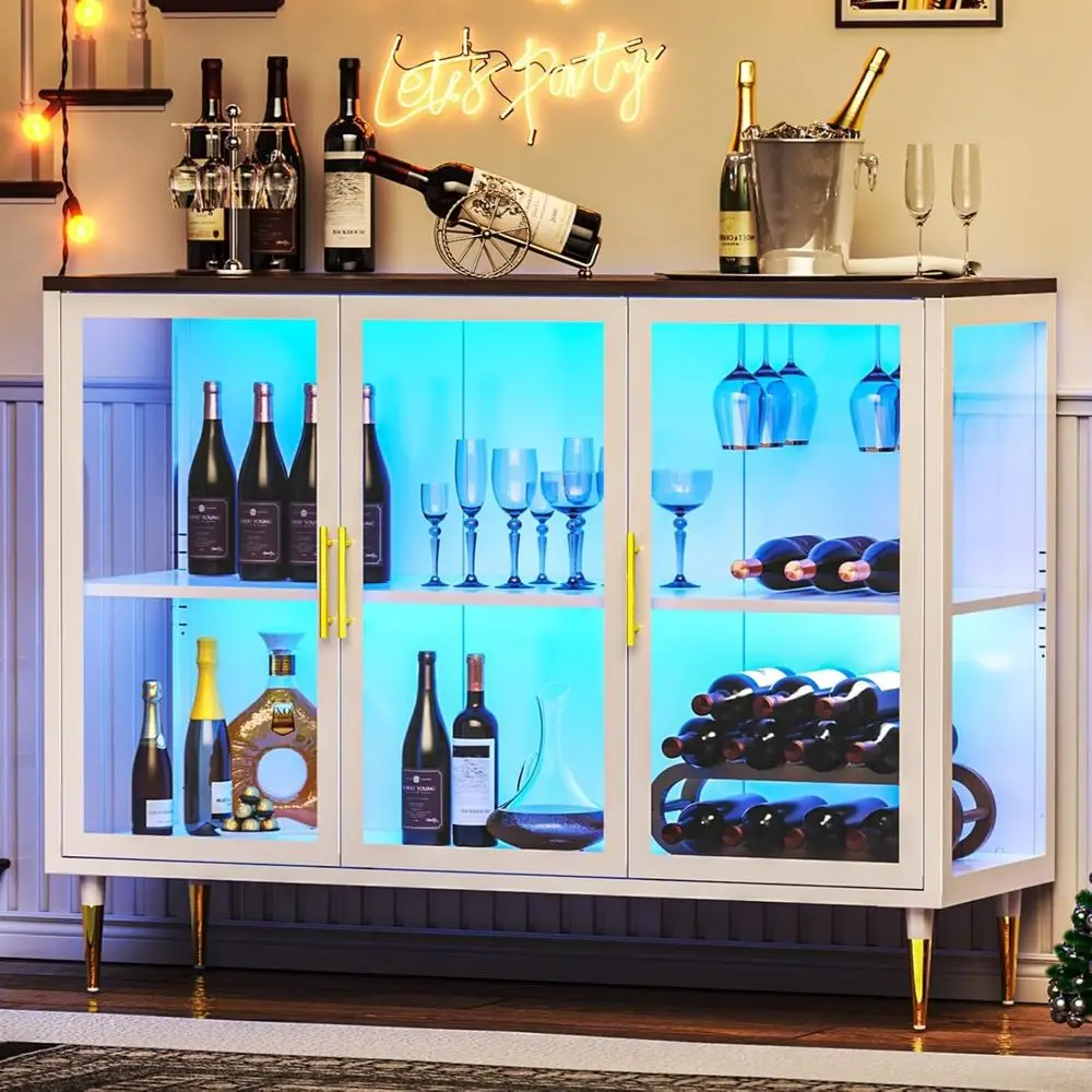 

LED-Illuminated Wooden Wine Bar Cabinet with Glass Holder and Rack for Home, Living, and Dining Rooms (White)