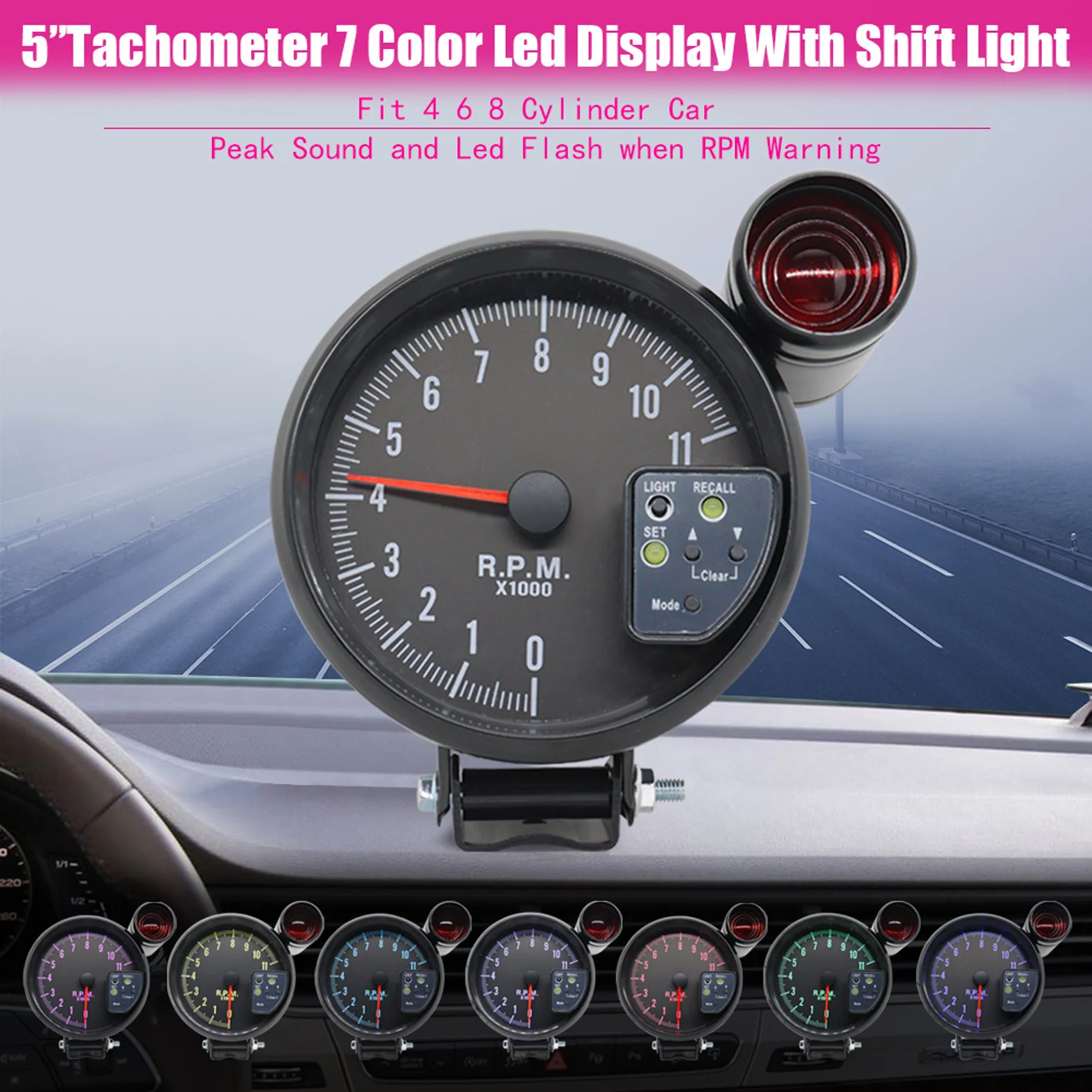 5 Inch Tachometer Gauge Black 7 Colors Backlight with Sh-ift Light Peak Sound LED Flash When RPM Warning 0-11000 RPM Measurement