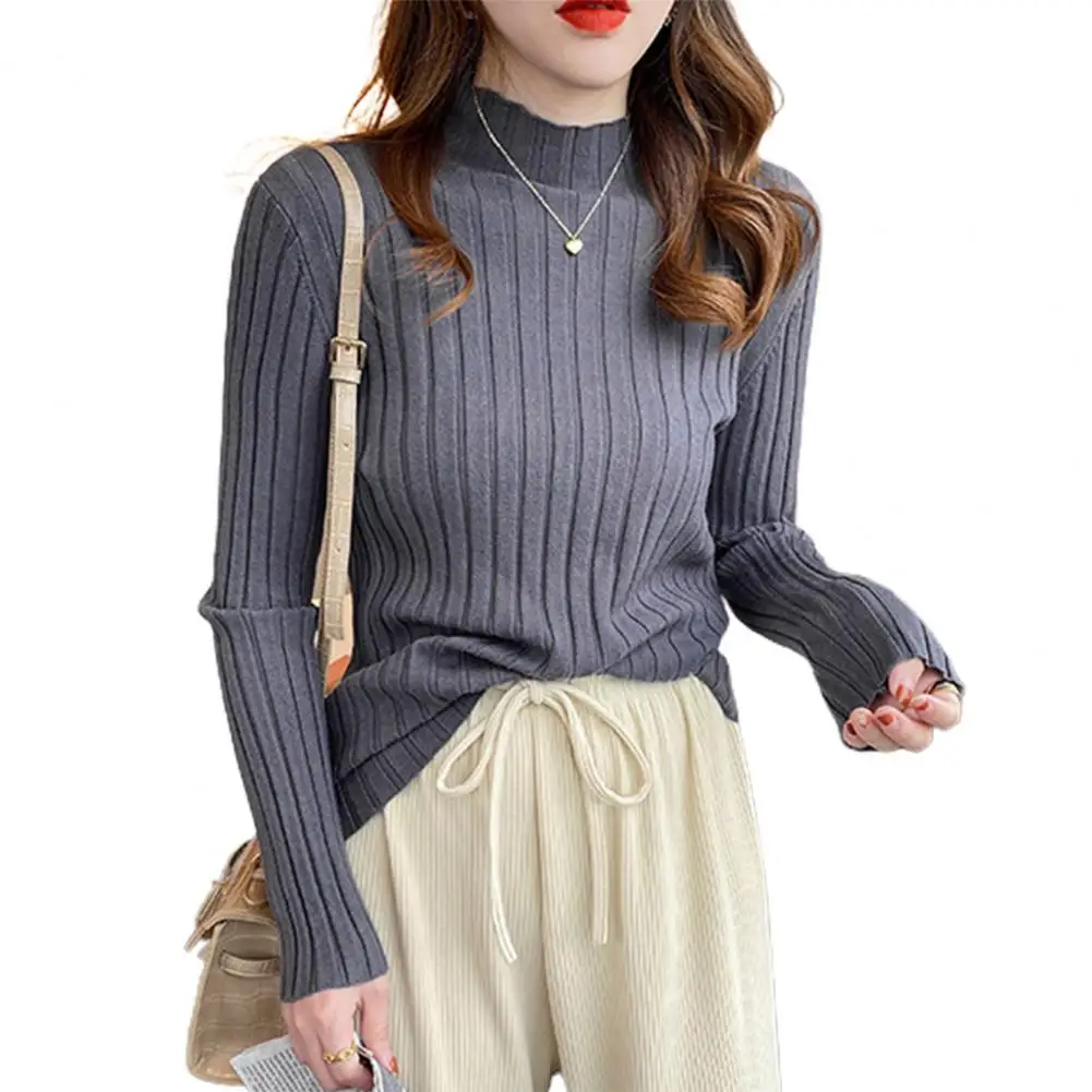 Women Half-high Collar Sweater Elegant Half-high Collar Women's Sweater with Slim Fit Striped Design for Fall Winter Fashion