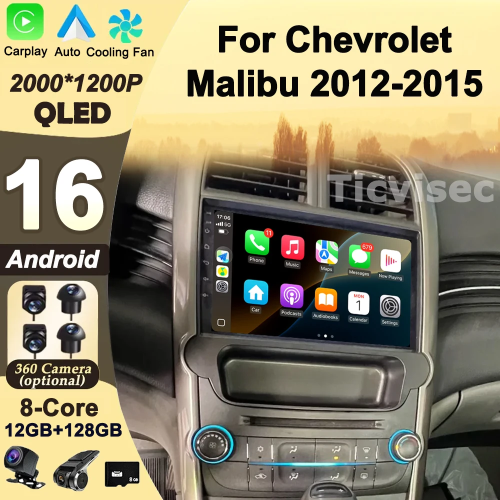 Android 16 Carplay Radio de coche para Chevrolet Malibu 2012-2015 reproductor de Audio y vídeo estéreo Autoradio unidad principal de navegación GPS