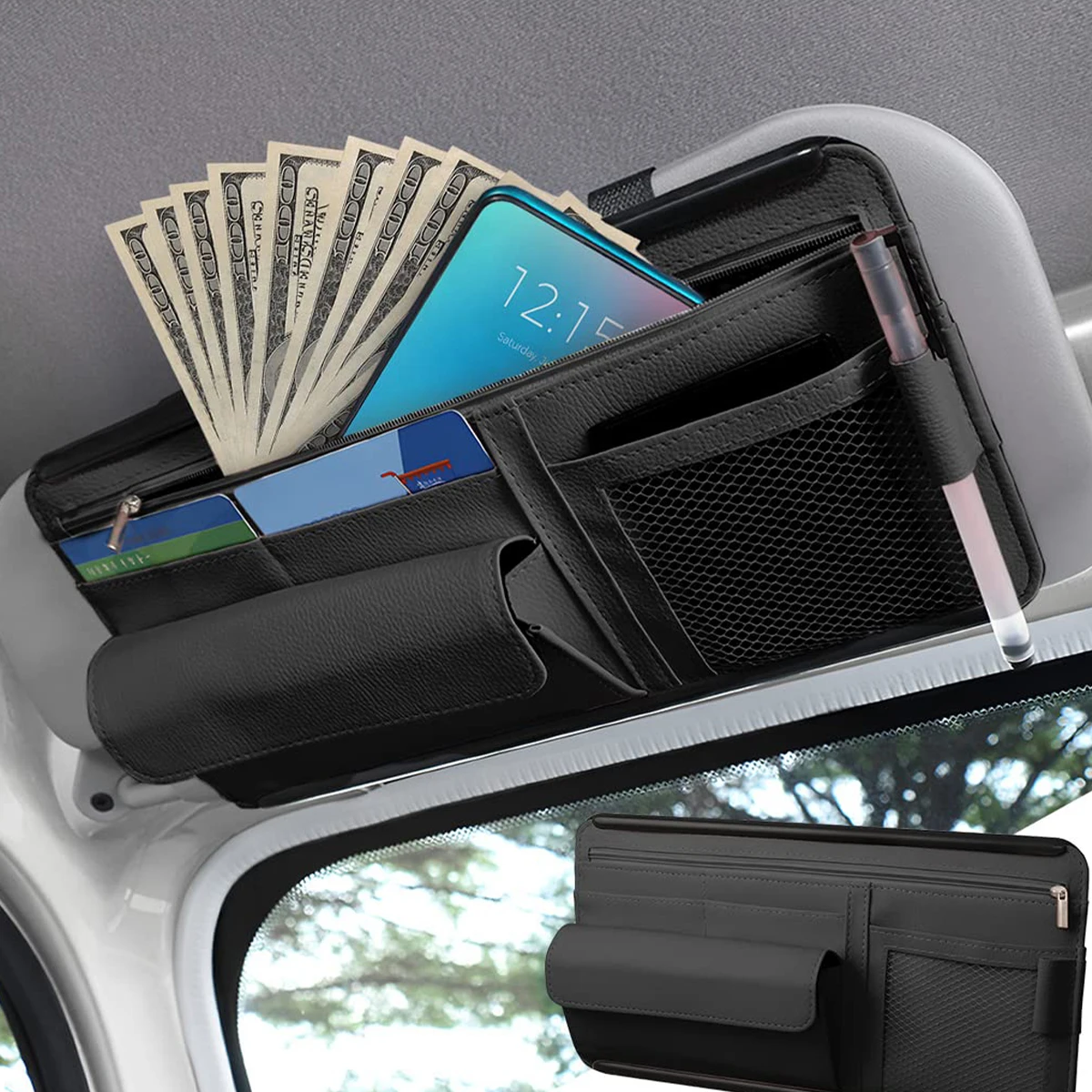 Organisateur de pare-soleil de voiture multi-poches, support suspendu pour cartes, téléphones, lunettes et stylos pour ranger les petits objets du véhicule