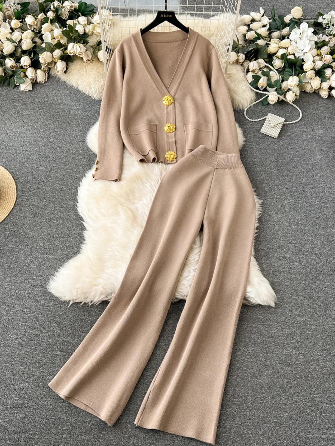 Croysier Elegant Casual Knit Two Piece Set Women Winter Clothes 2024 Golden Single Breasted Cardigan And High Waist Pants Sets