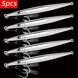 5pcs Long Slim Electroplated Spoon, Metal Jig Fishing Lure, Hard Bait, Bass Fishing Bait, Jigging Lure for Saltwater 60g 80g