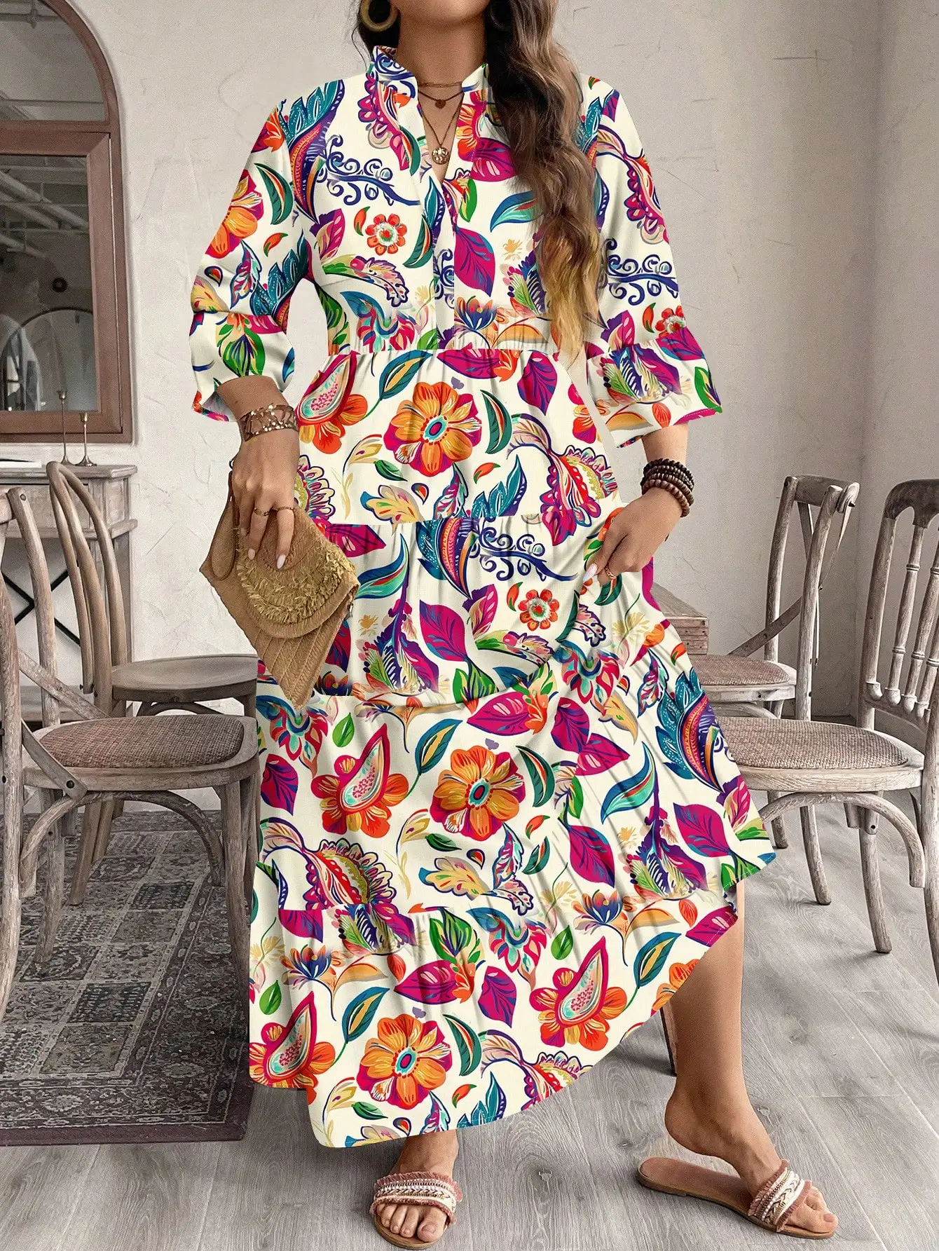 Vibrante Vestido Midi Floral Multicolor con Volantes para Mujer, Estilo Boho Chic, Casual, para Verano y Otoño