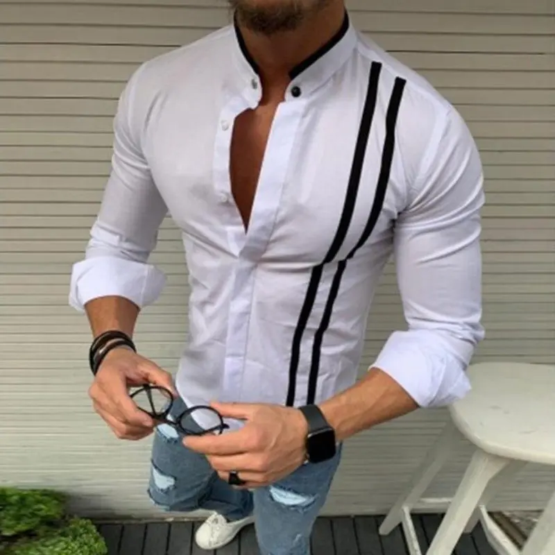 Spring And Autumn Men Button-Down Shirt Stand Collar Casual High Quality Slim-Fit Large Size Long Sleeve Top