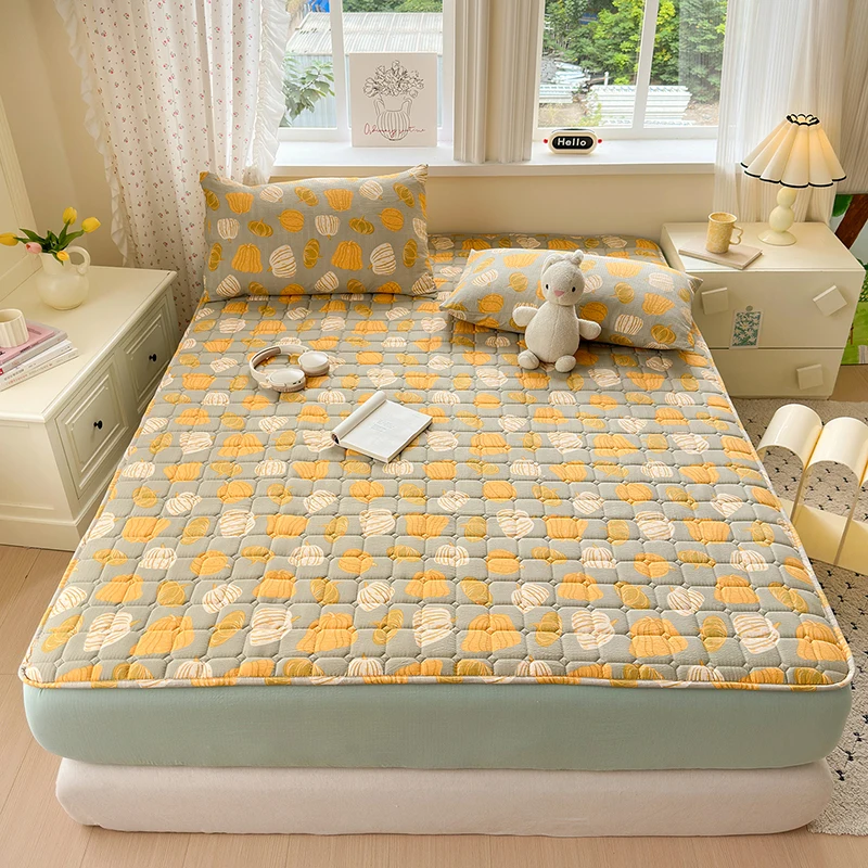 Flower Printed Mattress Cover Set Twin/Queen/King Size Thickened Bed Sheet with Pillowcase Quilted Mattress Protector 180x200cm