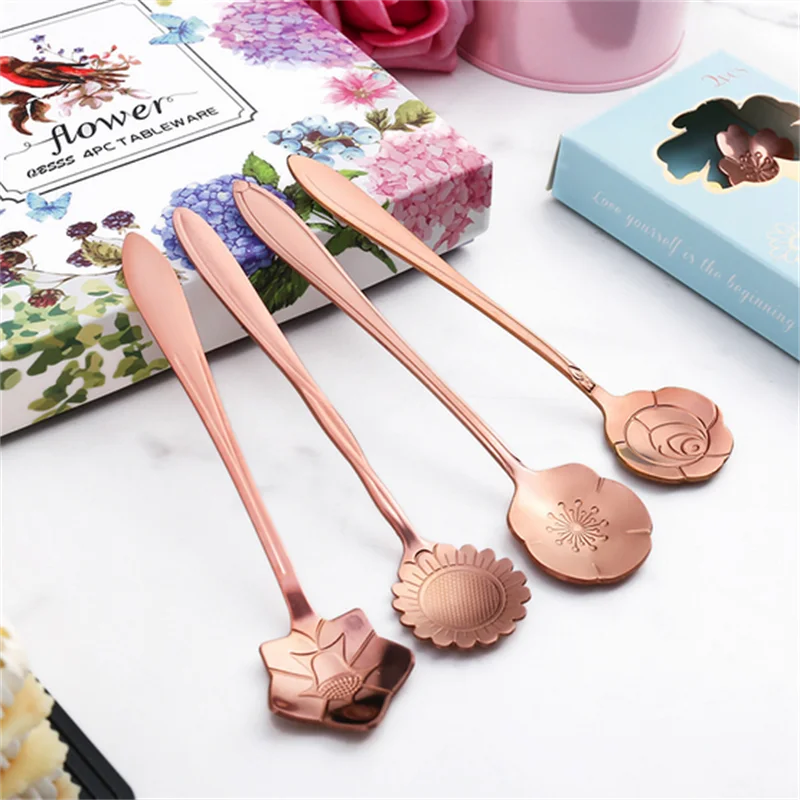 8PCS Flower Spoon Gold Stainless Steel Coffee Spoon Cute Ice Cream Sakura Rose Dessert Spoon Golden Cutlery Kitchen Accessories