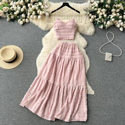 Women Sweet Two Pieces Sets Sleeveless Crop Top Shirt Elegant Summer Beach Lool Vintage Skirt Sets