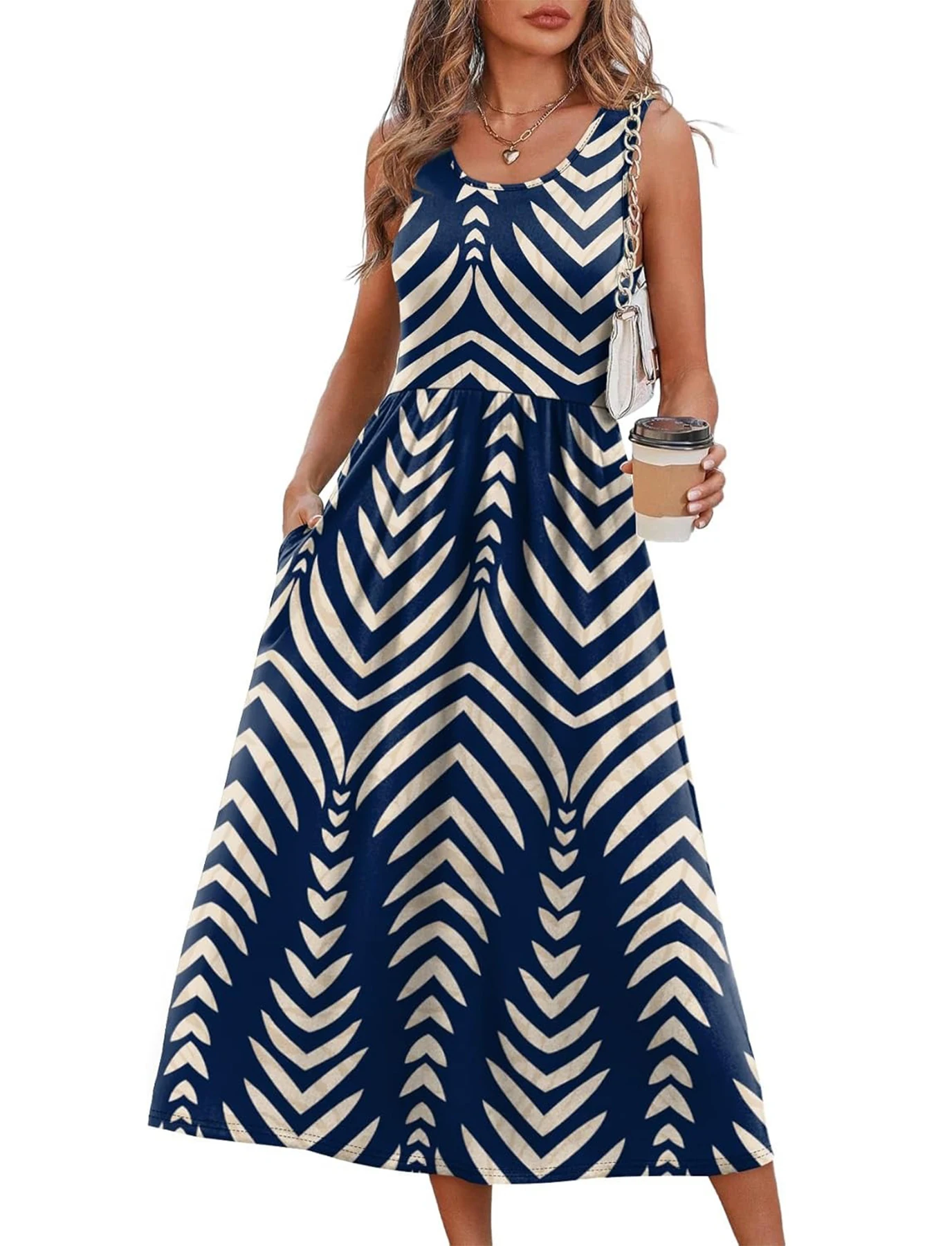 2026 Sommer Neue Kleider für Damen Bedrucktes Lässiges Midikleid Modisches Ärmelloses Rundhals-Strandkleid mit Taschen – Detail 7