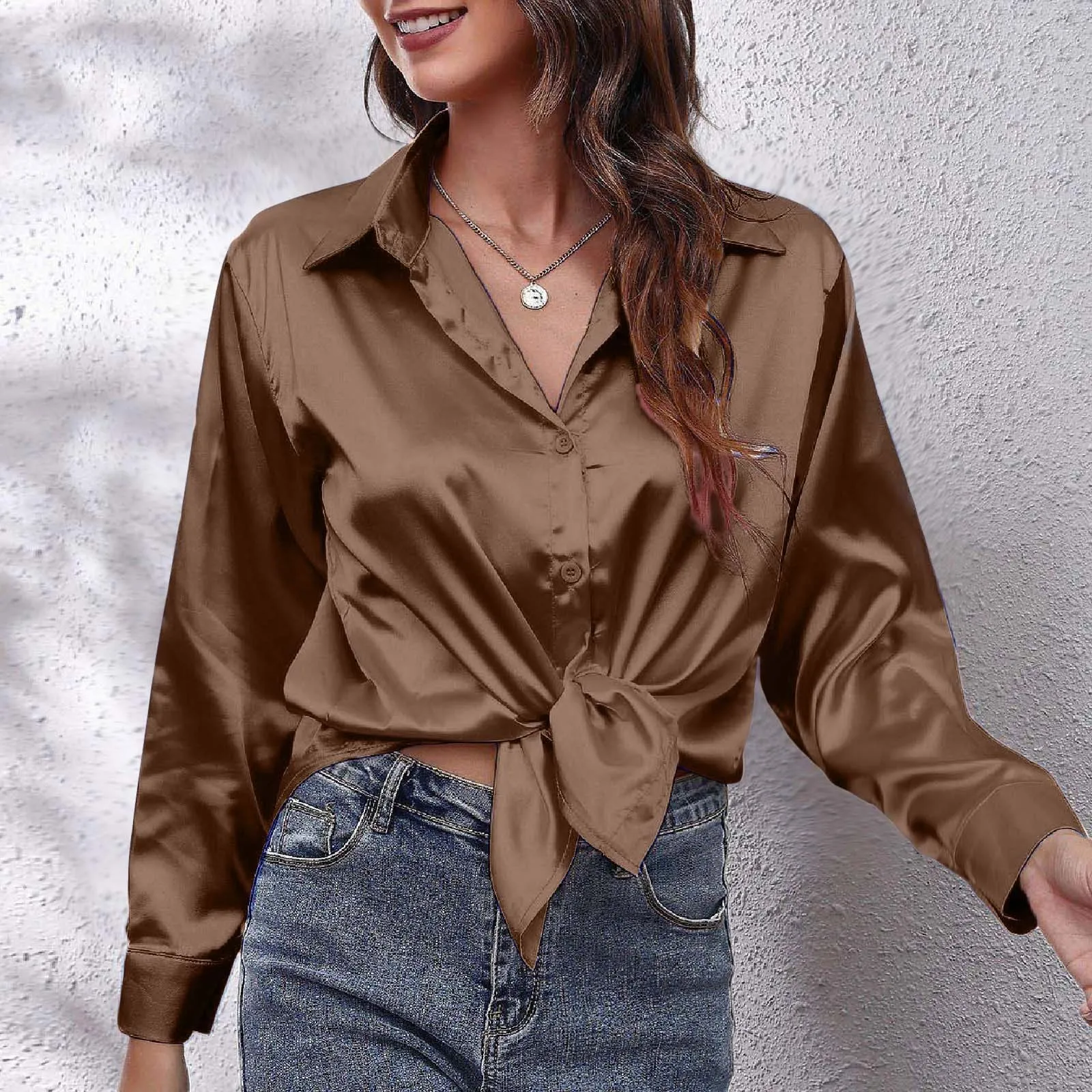 

Ladies Blouses Satin Silk Comfortable Shirt Tops Solid Color Button Casual Loose Long Sleeve Office Work Long Edition Shirts