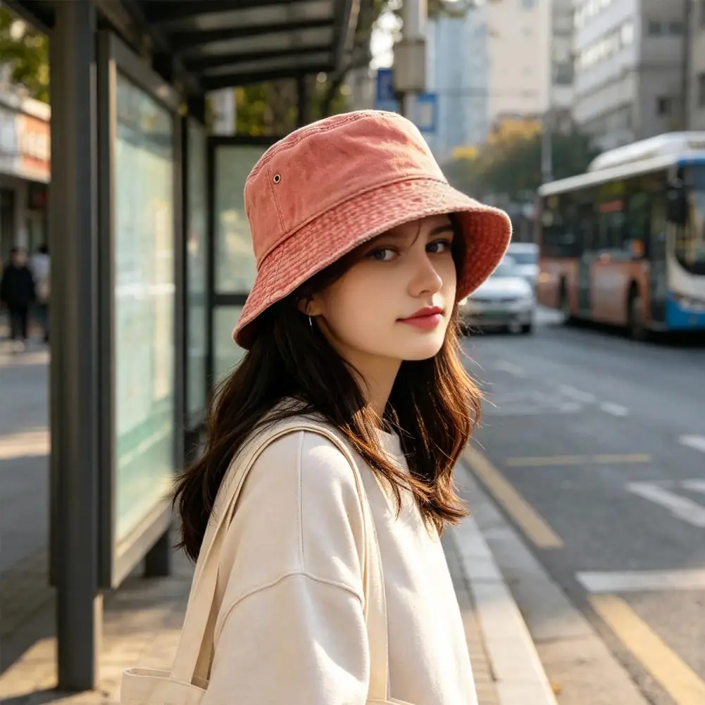 Versatile Solid Color Hat Vintage Washed Denim Bucket Hat for Men Women Breathable Short Brim Fisherman Cap Portable for Travel