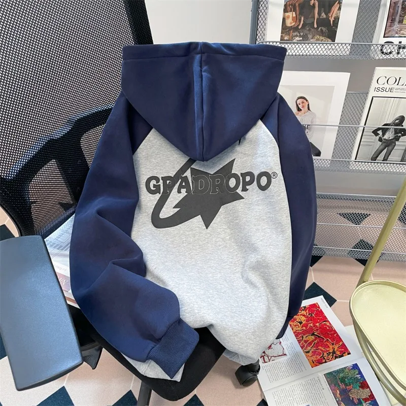 DAYIFUN-Oversized Hoodies Women Star Graphic Print Grey Grunge Streetwear Y2k Hooded Sweatshirts Vintage Casual Tops Autumn