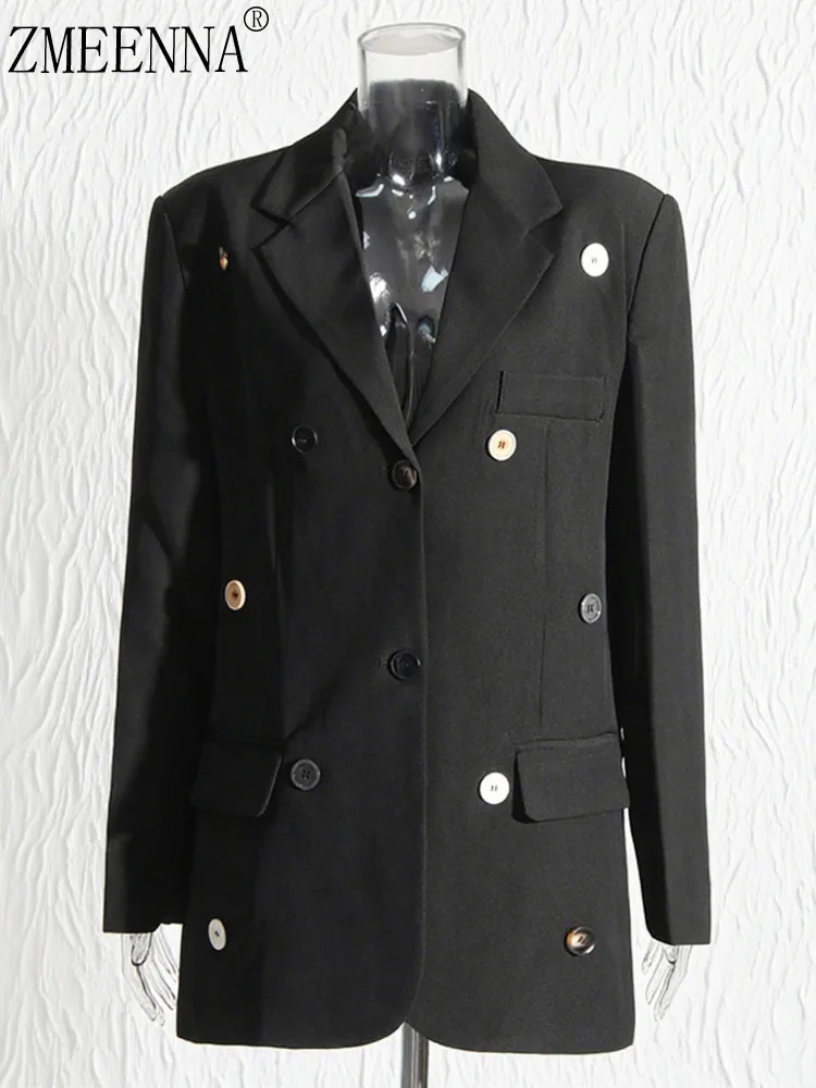 

ZMEENNA Stylish Black Blazer For Women With Contrasting Buttons Long Sleeves Pockets And Notched Lapel Outerwear ZM4060