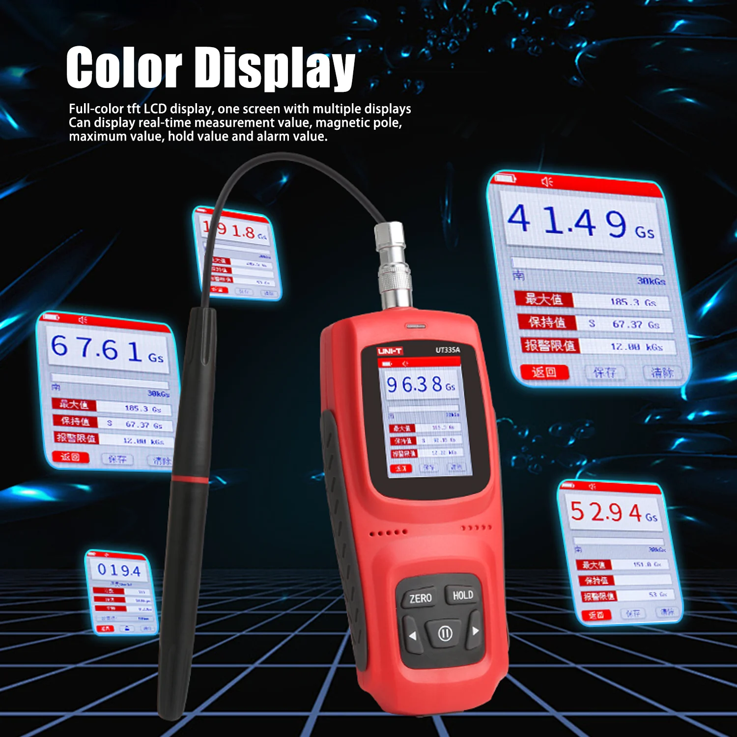 UNI-T UT335 Misuratore di Gauss Rilevamento magnetico Misuratore di forza magnetica superficiale 0~3000mT/kGs con calibrazione del memorizzazione dei dati