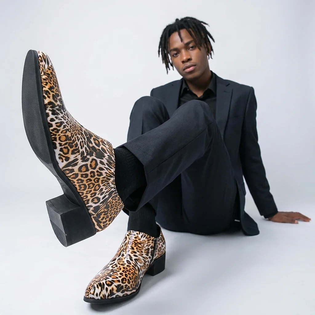 Men Leopard Print Block Heel Dress Shoes Zipper Loafers Punk Rock Party Stage Performance Shoes Business Casual Lift High Heels