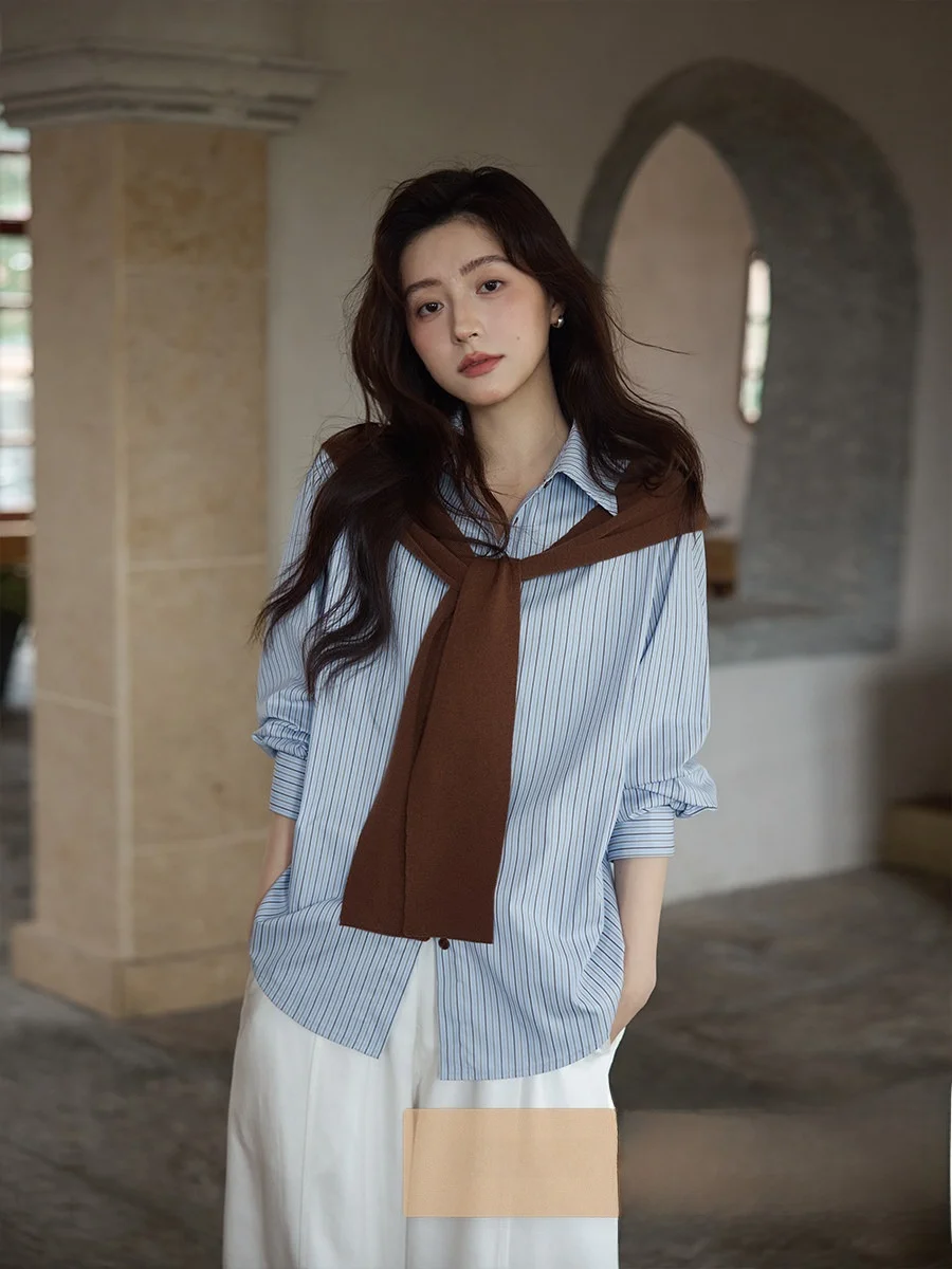 

Elegant Blue Striped Shirt with Belt Korean Style Spring New Arrival for Young Women Casual Loose Fit Long Sleeve Neck