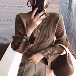 Autumn Winter New Solid Color Half High Collar Striped Button Slim Sweaters Fashion Casual Versatile Women's Long Sleeve Tops