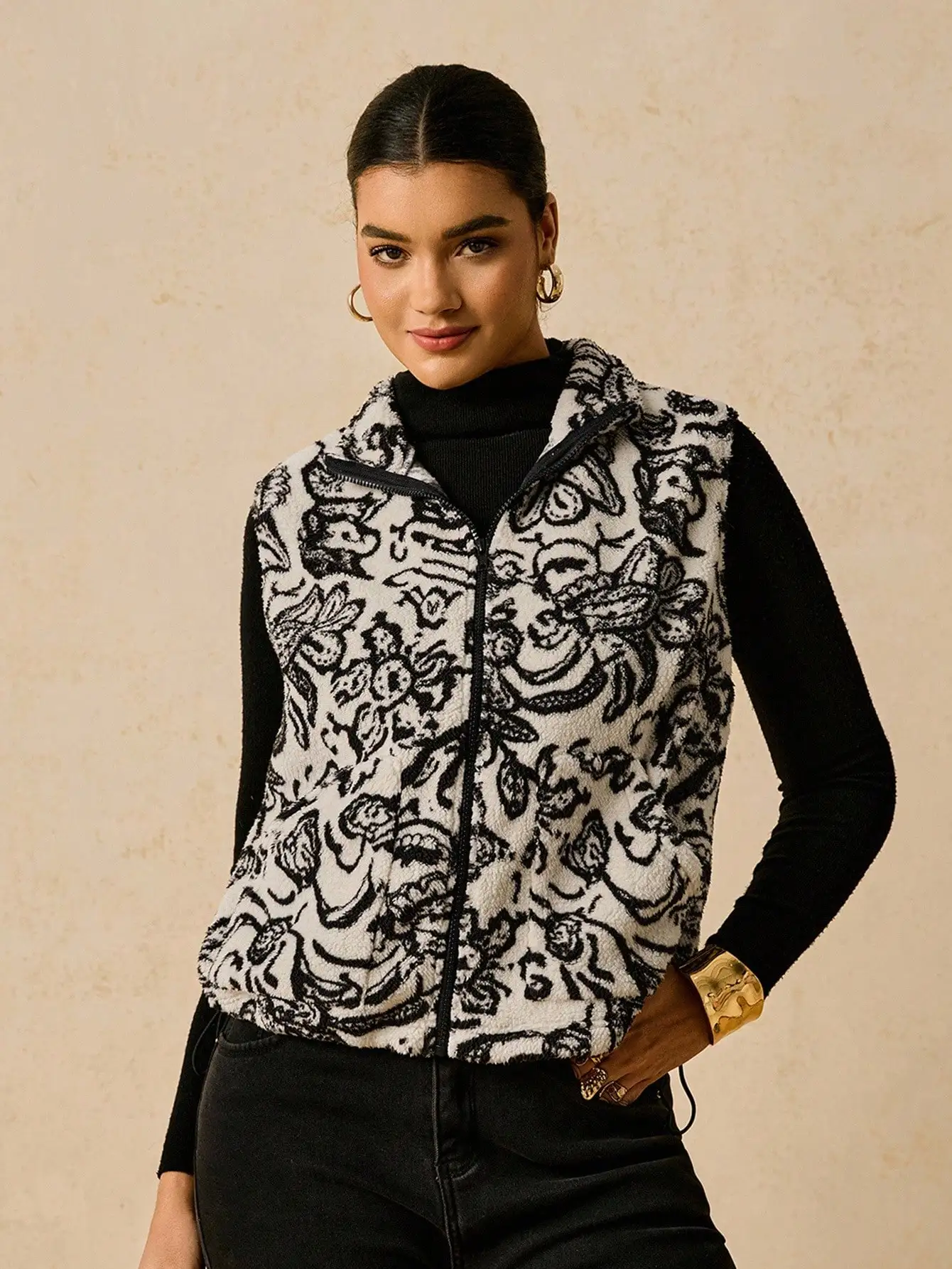 Damska polarowa kamizelka w stylu boho z kwiatowym wzorem, plus size, zapinana na zamek, jesienno-zimowa odzież wierzchnia codzienna.