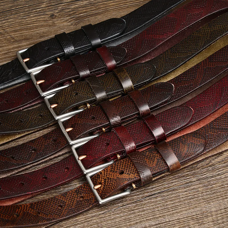 レディーストレンドレトロファッションオールマッチスネーク柄レザーベルトピンバックル牛革一枚革スチールバックルジーンズベルト