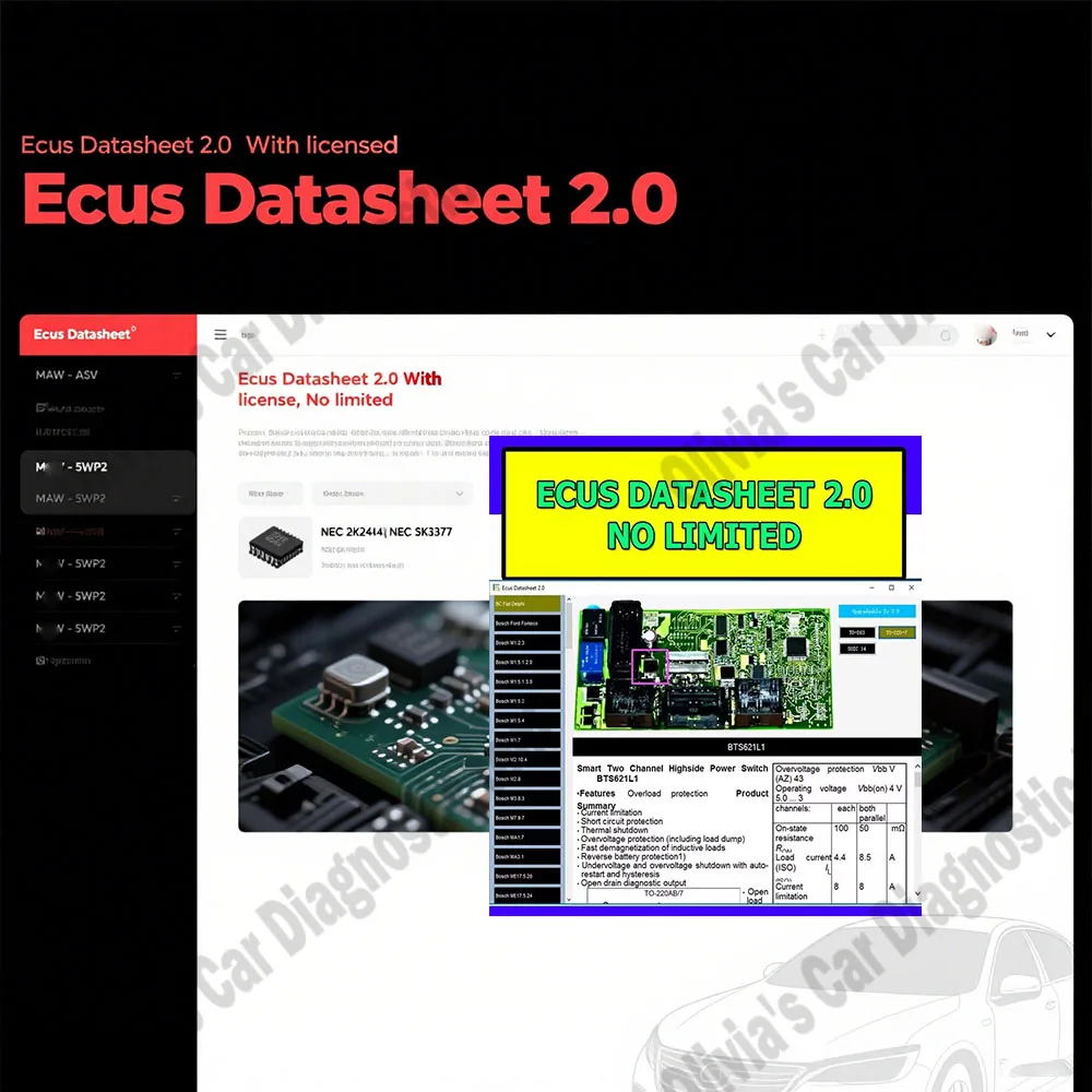 Le plus récent scanner Ecus Datasheet 2.0 obd2, informations supplémentaires, schéma de PCB avec composants électroniques, logiciel d'accessoires de voiture
