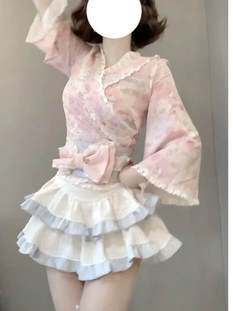 Autumn Kawaii Bow Fairy Sets Women Japanese Style Slim Sweet New 2 Piece Set Female Printing Floral Lolita Mini Skirt Suit 2024