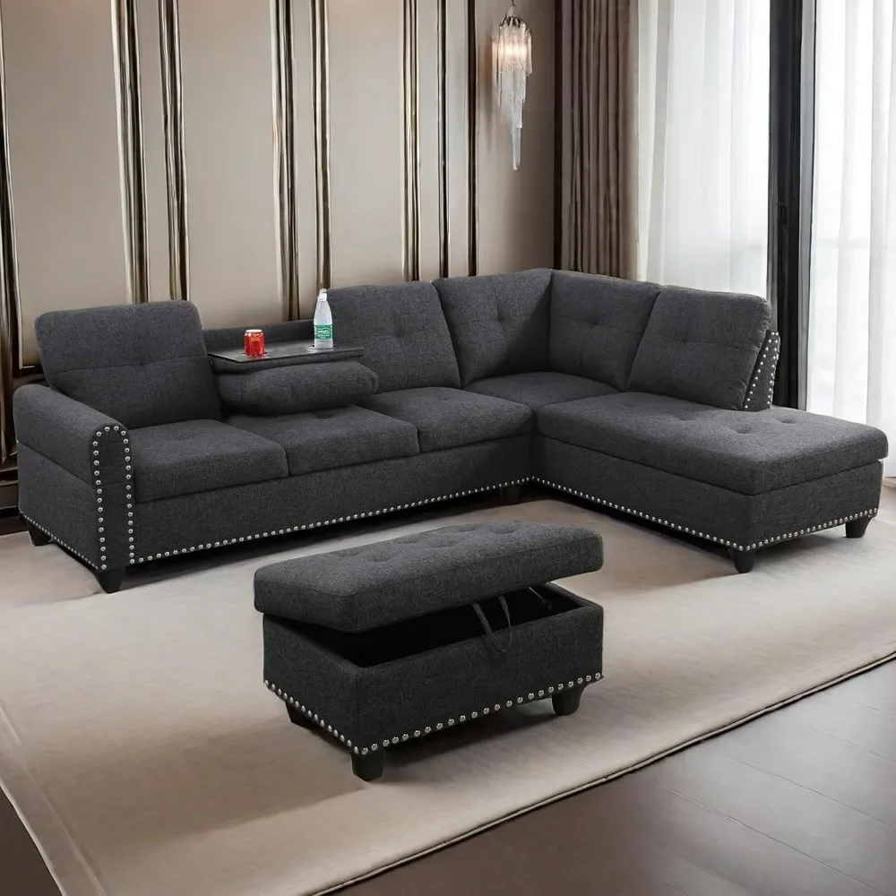 L Shaped Sectional Sofa with Ottoman, Nail-Head Design Linen Right Facing Modern Couch with Cup Holder for Living Room, Bedroom