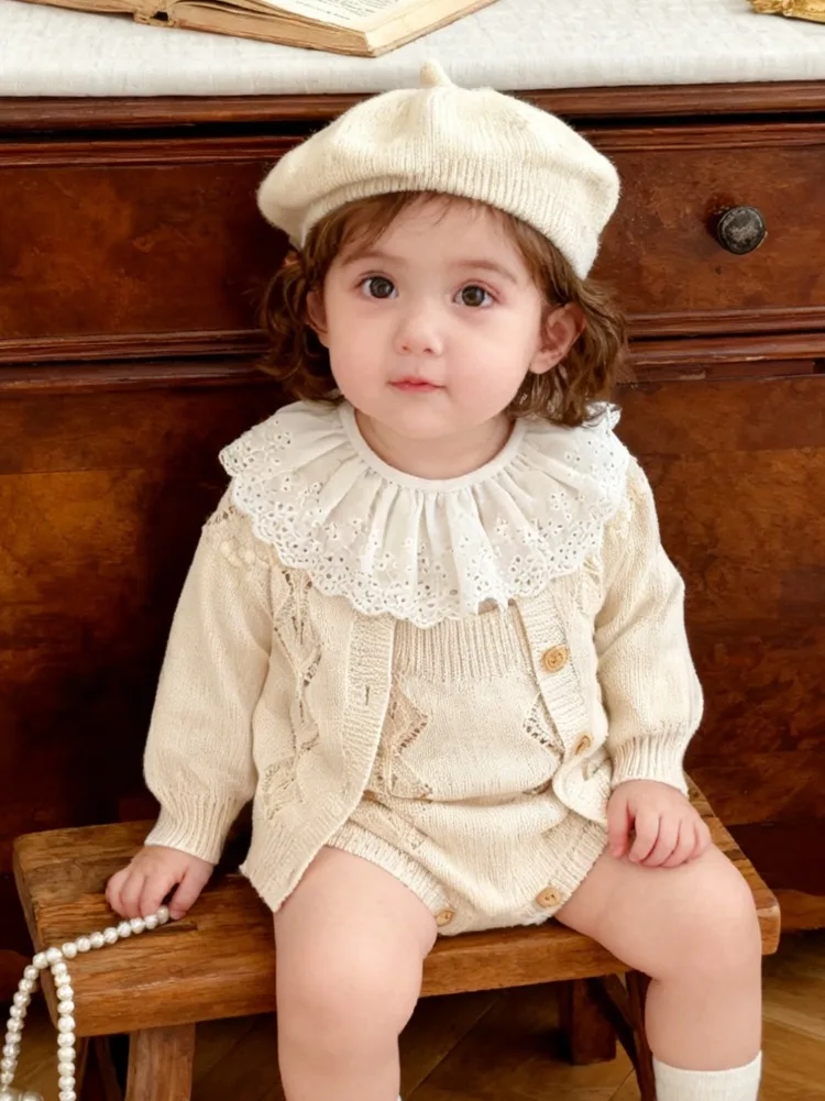 

Cute O-neck Solid single breasted long sleeve diamond Hollow Out knit cardigan+hoodie bag fart cloth baby girl 2-piece set