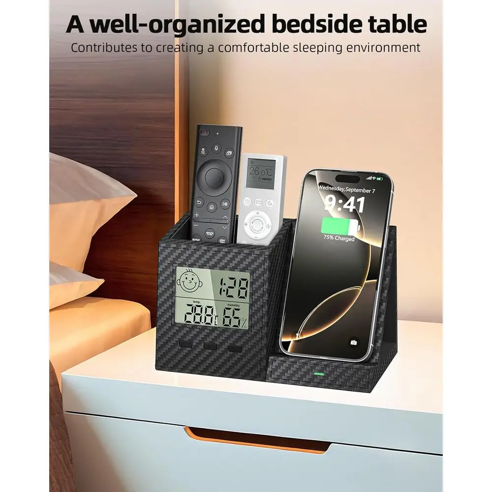 Wireless Charging Desk Organizer with Digital Thermometer, Humidity Monitor, and Storage for Home Office