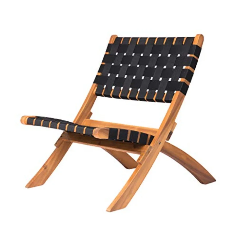 

Indoor Outdoor Folding Chair Low Slung Portable Seating Solid Acacia Wood Woven Seat Back in Black Webbing for Porch Lawn Garde