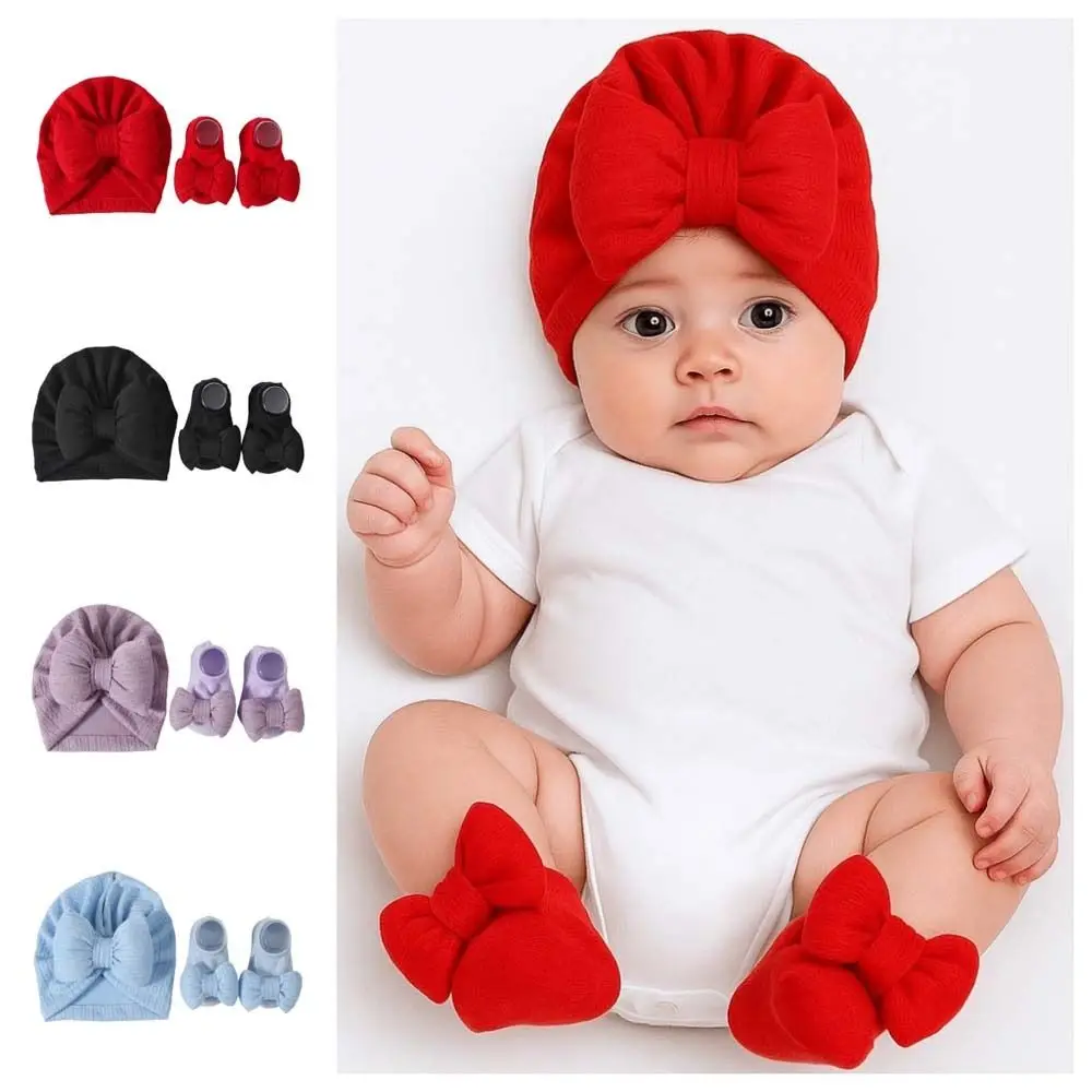 

Cotton Knit Baby Hat Socks Set Big Bowknot Elastic Baby Bow Fetal Cap 0-12 Months Windproof Newborn Turban Hat Toddler