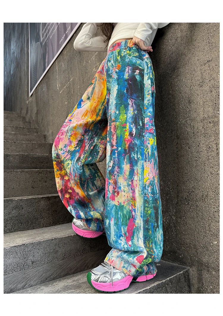 Street-Style Kinder-Jeans mit Bunten Prints für Teenager-Mädchen, Modische Hip-Hop-Tanz-Jeans, Trendige Hiphop-Denim-Hosen für Kinder – Detail 4