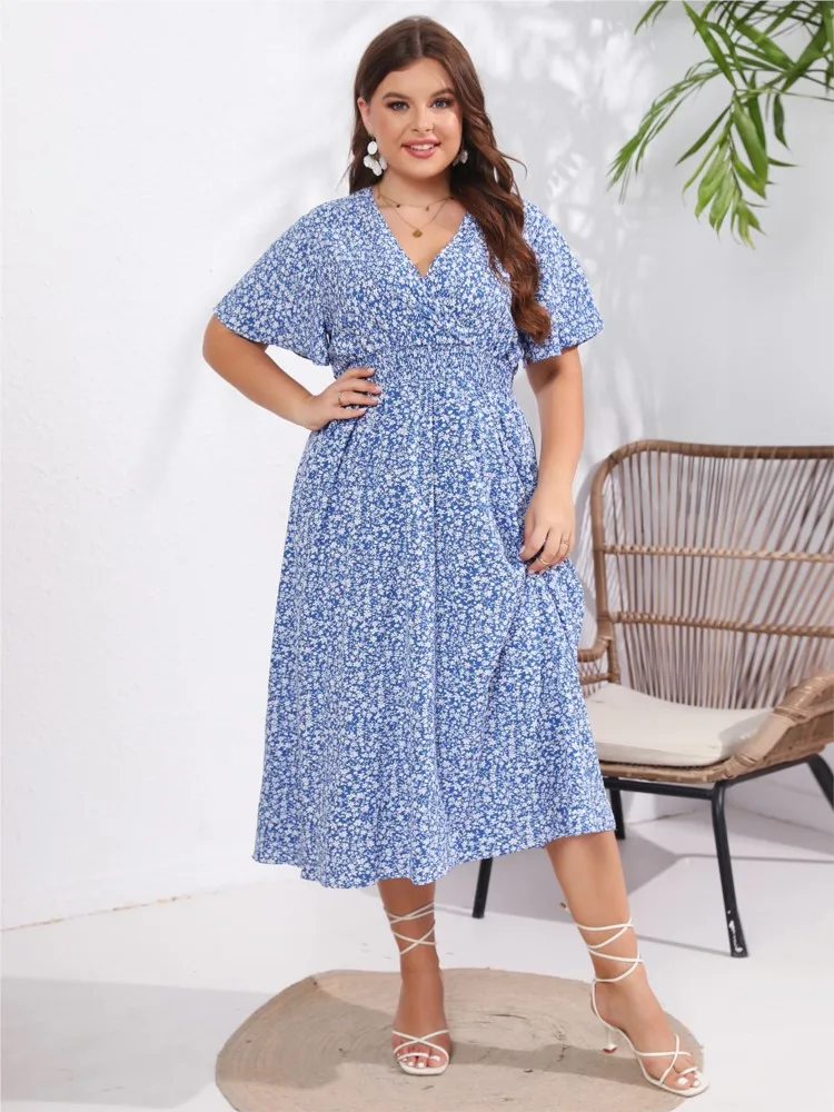 Plus Size Summer Midi Dress Women Floral Print Fashion Elegant Ruffle Pleated Ladies Dresses Loose V-Neck Woman Dress