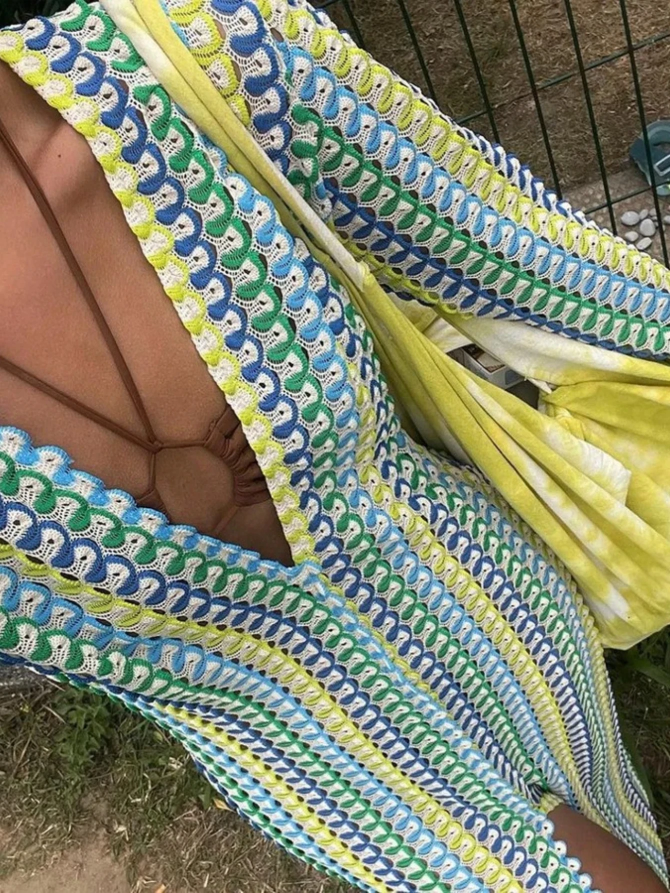 Abito lungo a righe colorate all'uncinetto, abito lungo sexy con spacco alto, abito da festa in spiaggia, gonna da spiaggia, copricostume bikini, giacca da bagno