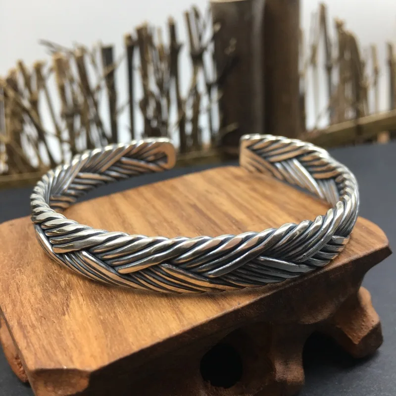 Double-Layer Woven Bracelet Men, Vintage Fashion Handmade Open Bangle, Thai Silver