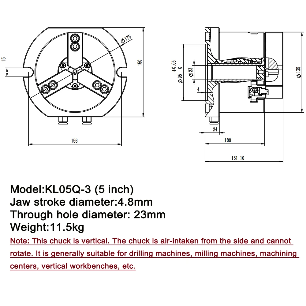 5 Inch Hollow pneumatic chuck vertical 3 jaw pneumatic chuck suitable for drilling machine and milling machine platform