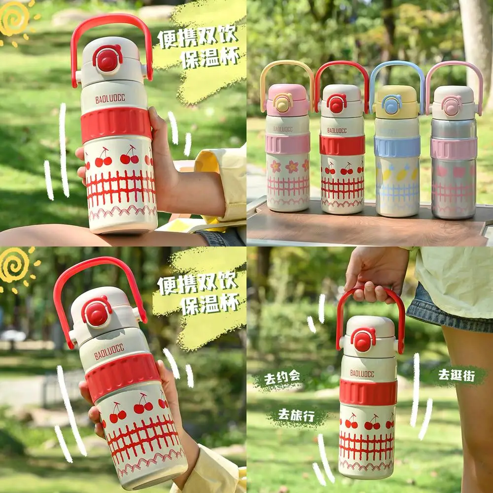 

Cute Cherry Pattern Stainless Steel Thermos Cup 600ml Portable Insulated Water Bottle with Handle Leakproof Travel Mug for Girls