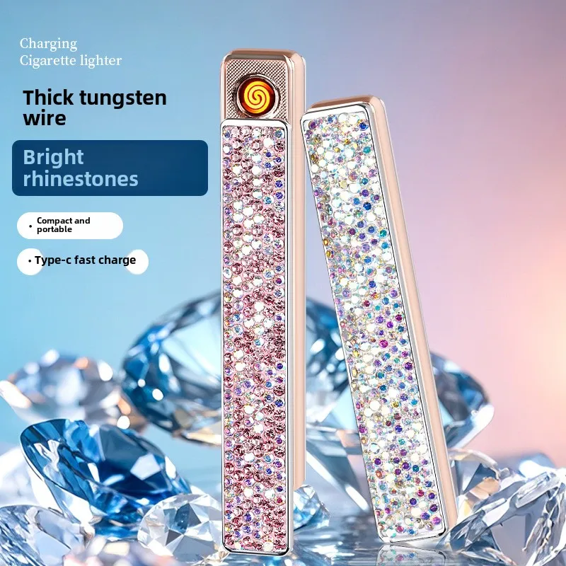 Water Diamond Inlaid Charging Lighter Gorgeous Lady Lighter Compact USB Windproof Electronic Tungsten Wire Cigarette Lighter