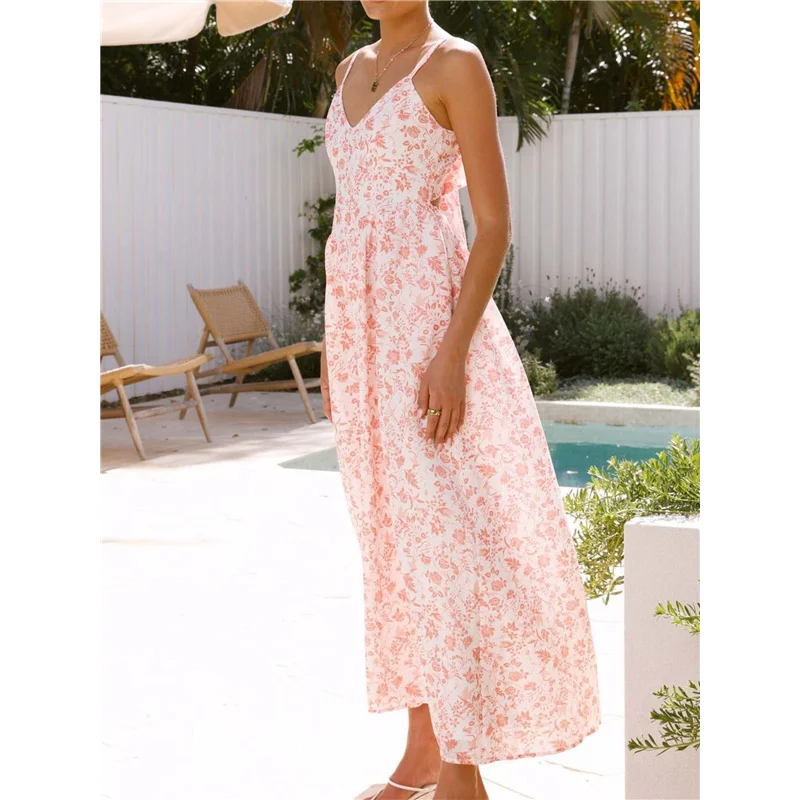 ABRT-Womens 2025 Summer Maxi Dress Sleeveless Floral Smocked Boho Beach Long Dress