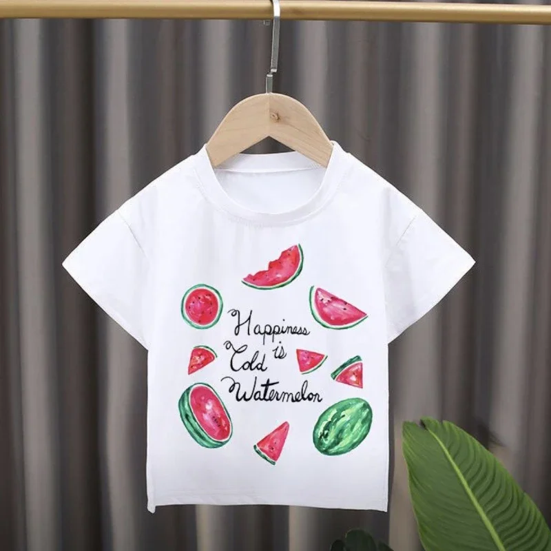 Nuovo stile per bambini Cartoon Fruit Print Girocollo T-shirt a maniche corte Vestiti per ragazza Vestiti per ragazzi Vestiti per bambini Tessuto modale