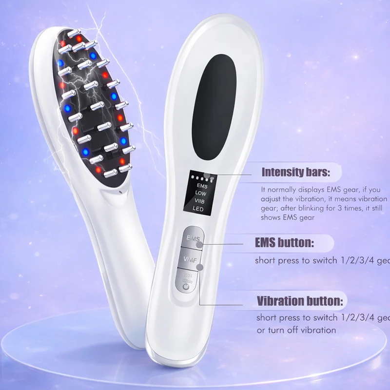 Electric Massage Comb 4-Gear Vibration Red Blue Light Scalp Massager EMS Microcurrent Hair Care Applicator