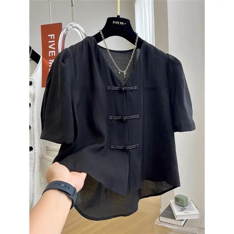 

Large Size Retro Short Sleeve Shirt Chinese Style V-Neck Button up Spring Summer Couple's Fashion Loose Fit Youth Popular Top
