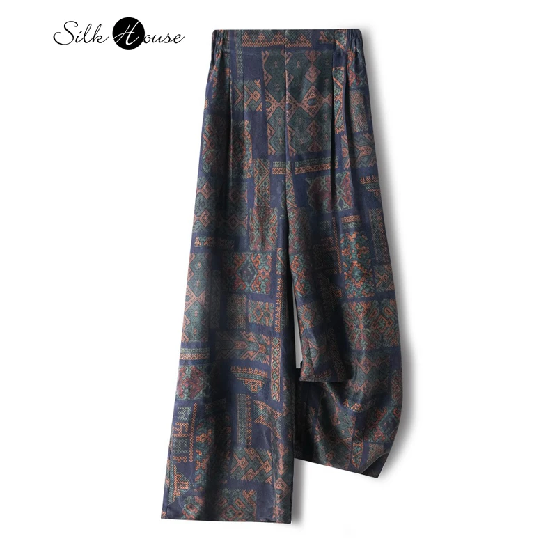 

Limited Edition 50MM 100% Natural Mulberry Silk Gambiered Guangdong Gauze Elastic Waist Retro Printed Women's Wide Leg Pants