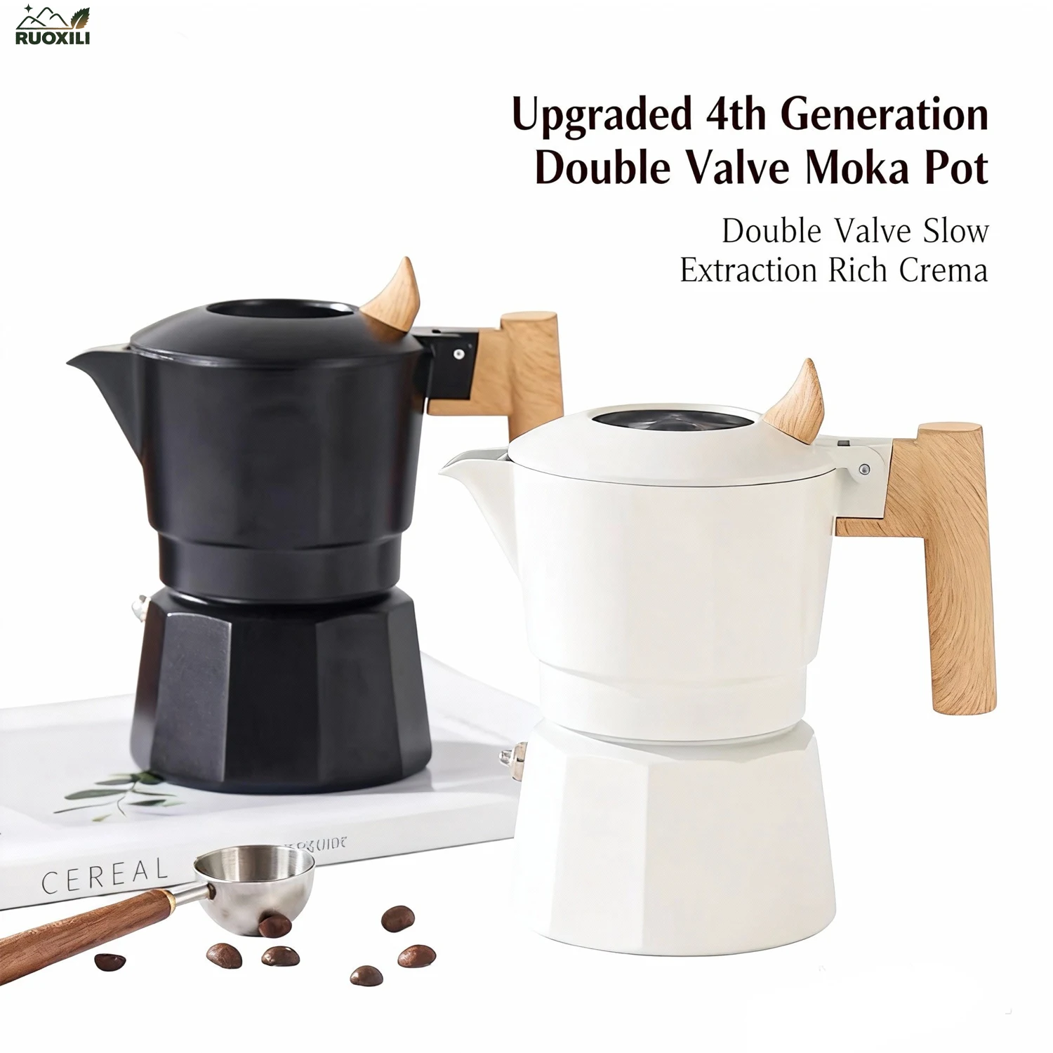 Portable Hand Brew Moka Pot Perfect Coffee Maker Wooden Handle,Reusable Filter,Manual Operation for Home Octagonal Design