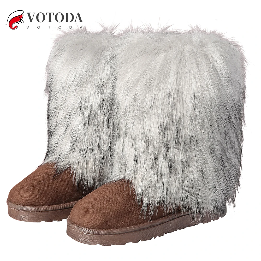 VOTODA New Women Fur Boots Faux Fur Snow Boots Warm Short Plush Lining Fluffy Winter Boots Fashion Furry Shoes Woman Fuzzy Boots