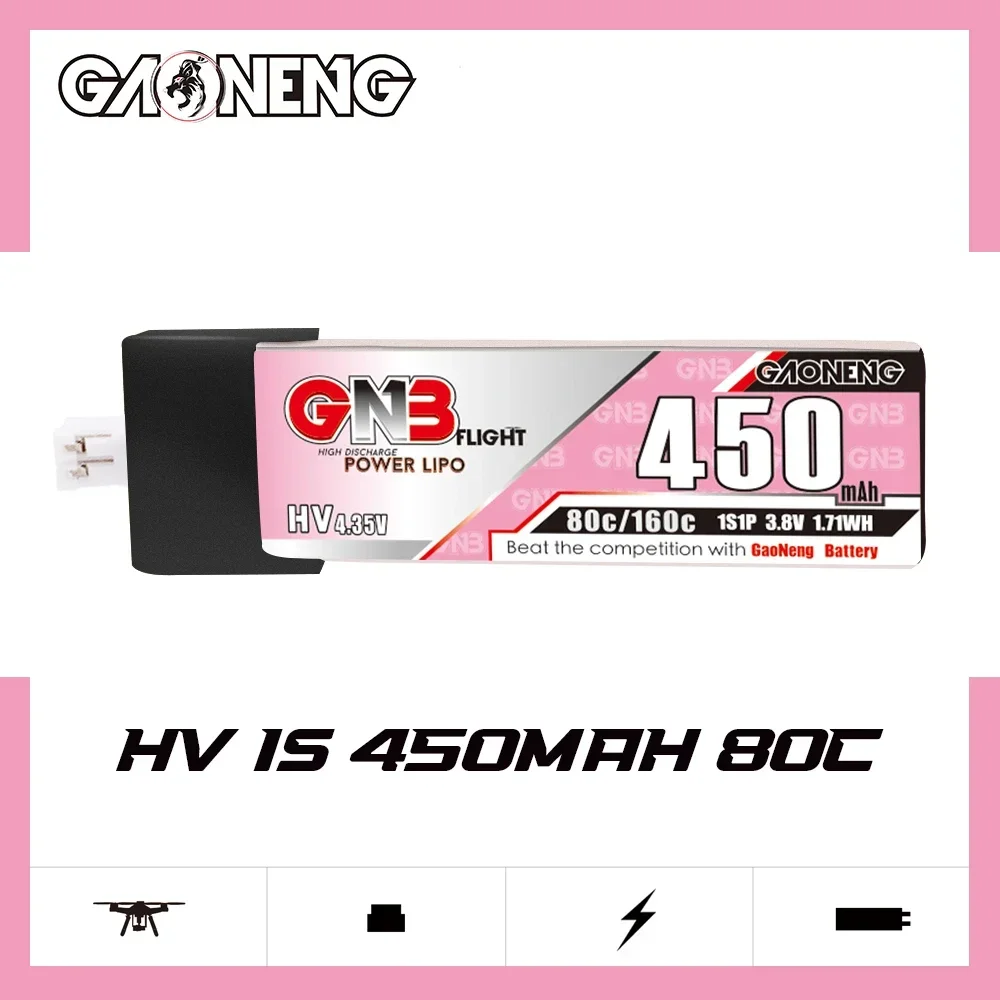 GAONENG GNB 450mAh HV 1S 80C 160C 3.8V Plastic Head PH2.0 LiPo Battery BetaFPV Beta75X Happymodel Mobula6 Mobula7 Snapper