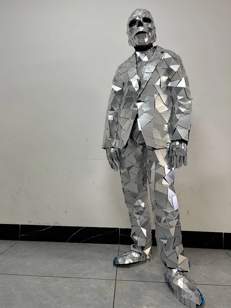 Silver Skull Mirror Man Suit Street Performer Performance Headgear Lens Helmet Art Modeling Props Cosplay Clothing