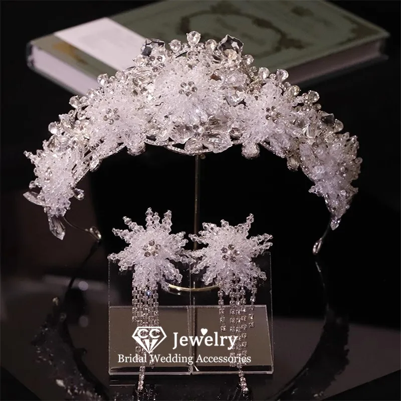 

CC Hair Crowns Wedding Accessories Women Headbands Engagement Hairwear 100% Handmade Crystal Coronets With Earrings Tiaras AN450