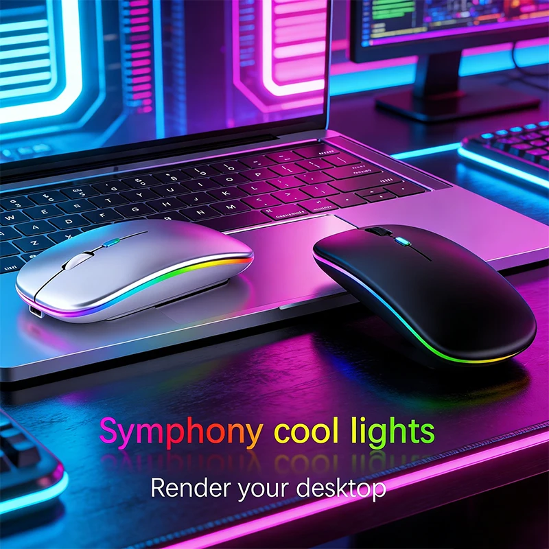 Mouse Sem Fio RGB Recarregável Bluetooth, Mouse Ergonômico para Jogos com LED Retroiluminado para Laptop