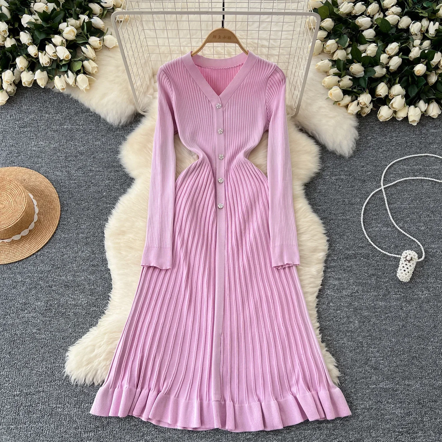 2024 Pink French Fashion Knitted Maxi  Long  Dress Women V Neck Button Single Breasted Ruffles Slim Sweater Party Dress