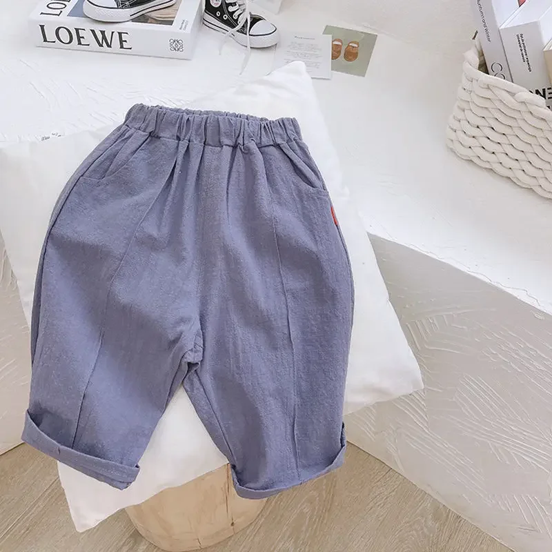 

Baby Boy Cotton and Linen Sweatpants Children Summer 5 Points Pants Kids Boys Solid Color Trousers Infant Toddler Spring Bottoms